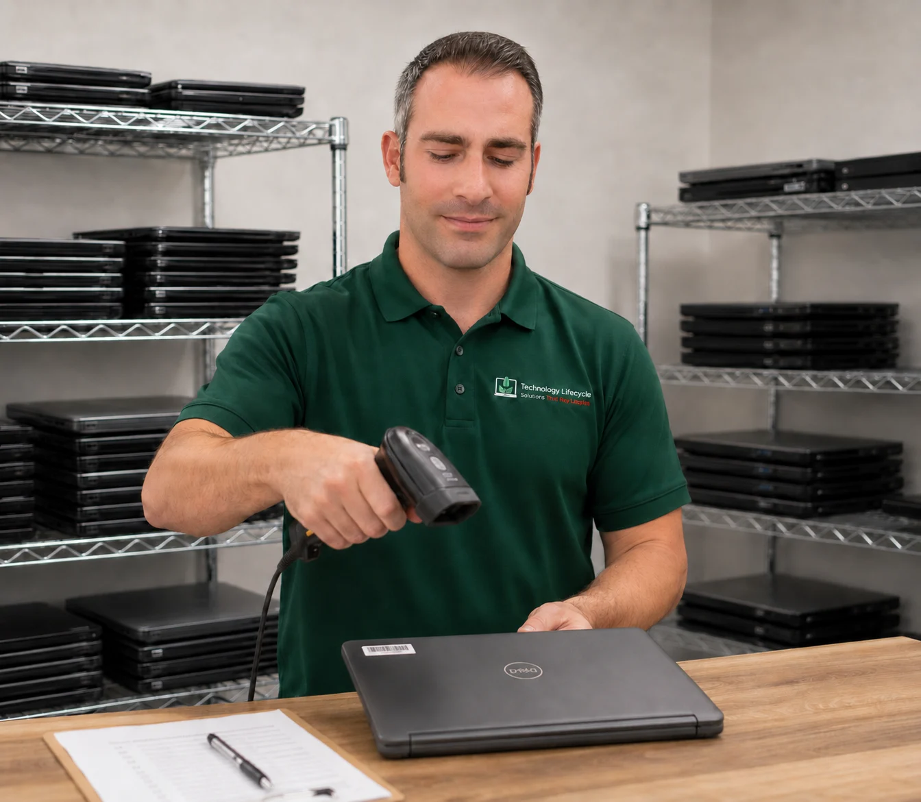 TLS employee scanning a laptop for itemized equipment tracking after business IT equipment removal